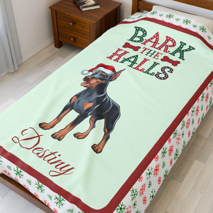 Doberman Pinscher (Blue & Rust) Custom Velveteen Blanket - festive Bark The Halls dog throw, perfect gift
