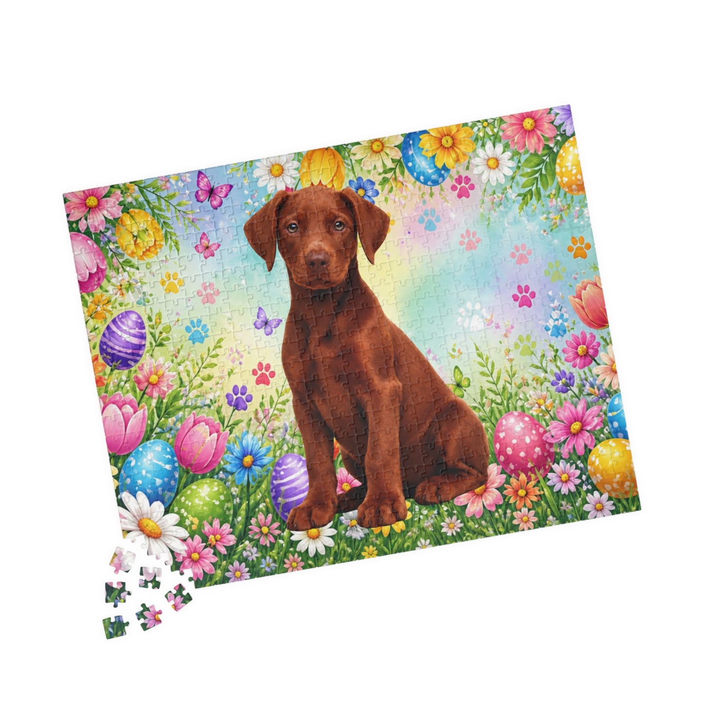 Doberman (Red) Easter Puppy Puzzle - Spring Blooms, Colorful Eggs, and Garden Joy