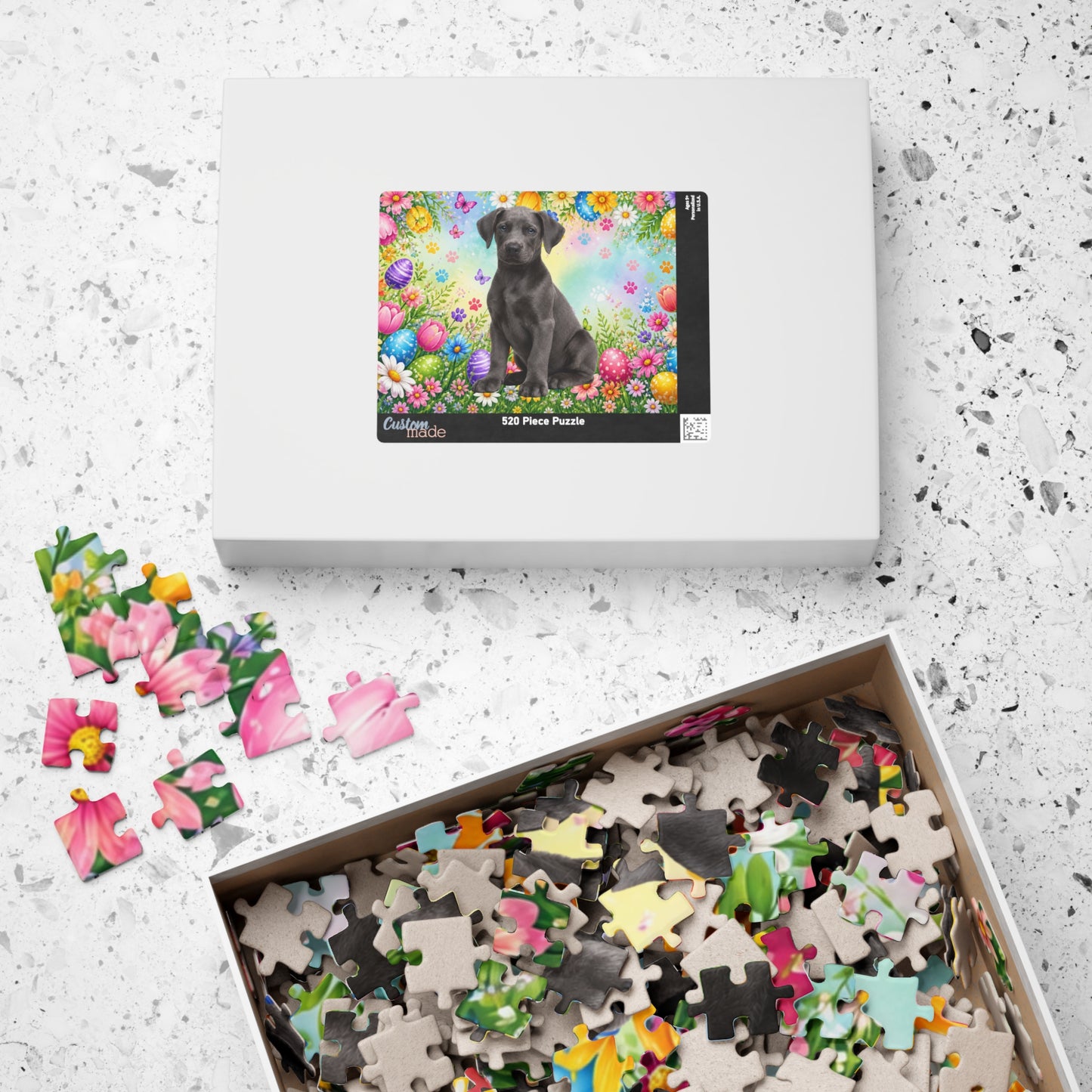 Doberman (Blue) Easter Puppy Puzzle - Colorful Spring Garden with Eggs and Blooms