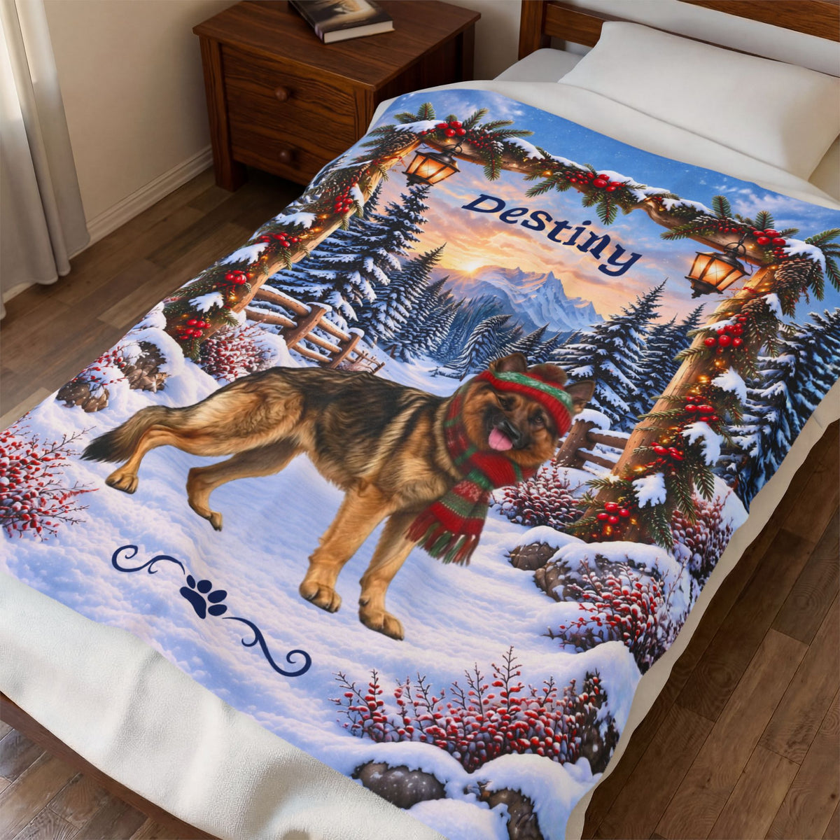 German Shepherd (Gold Sable) - Personalized Lantern-Lit Winter Blanket, Custom Name Velveteen Throw - MySisterIsAsurvor