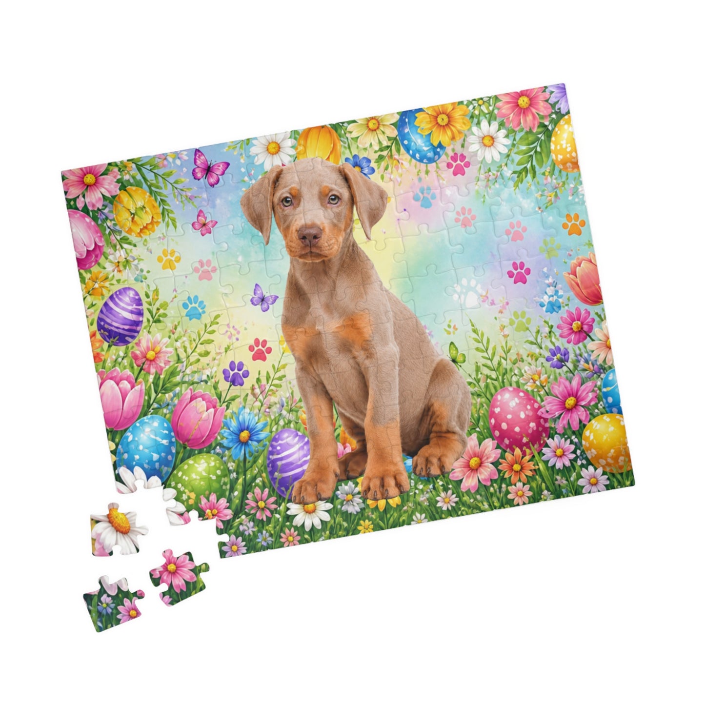 Doberman (Fawn/Isabella & Rust) Easter Puppy Puzzle - Spring Garden with Eggs, Tulips, and Daisies