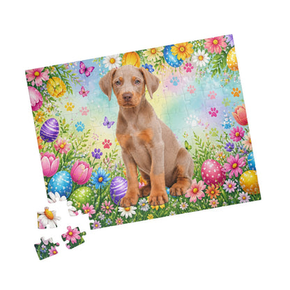 Doberman (Fawn/Isabella & Rust) Easter Puppy Puzzle - Spring Garden with Eggs, Tulips, and Daisies