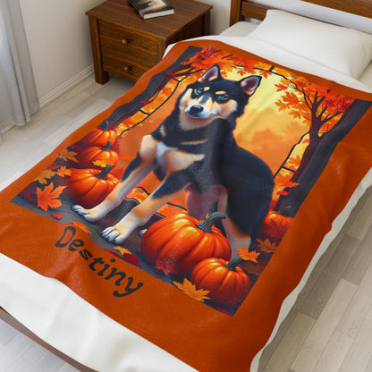 Black and Tan Husky blue eyes velveteen plush blanket, custom dog throw for Husky fans and owners - MySisterIsASurvivor