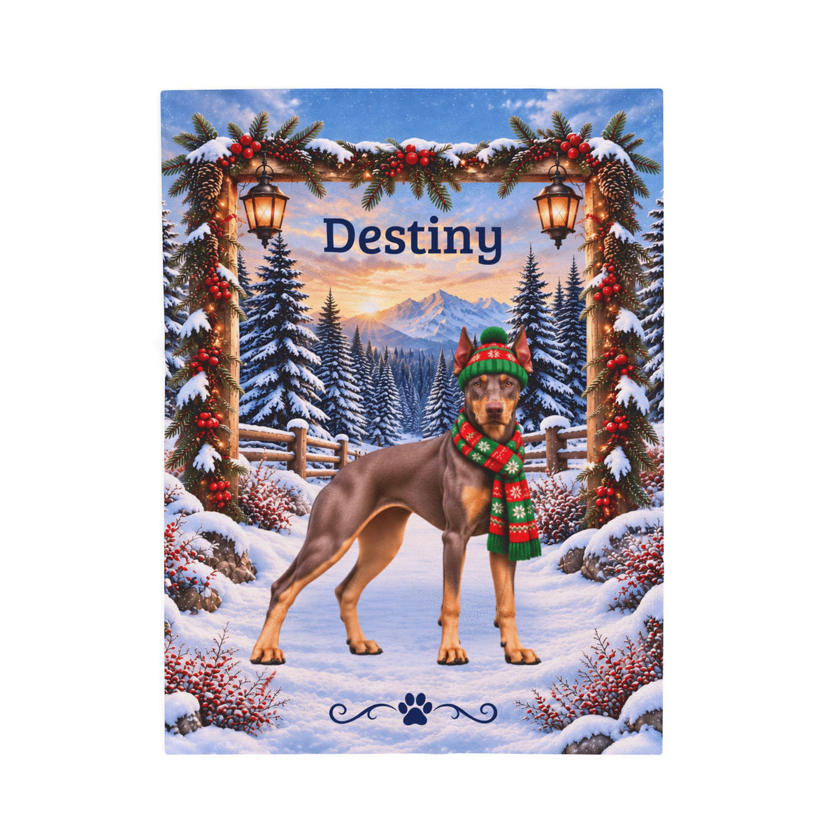 Doberman (Red Fawn Coat) - Personalized Winter Blanket, Snowy Woodland Velveteen Throw