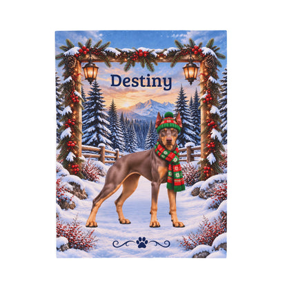 Doberman (Red Fawn Coat) - Personalized Winter Blanket, Snowy Woodland Velveteen Throw