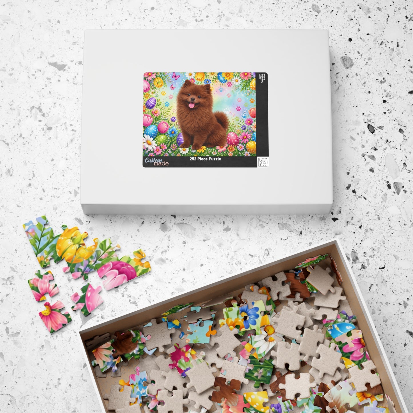 Pomeranian (Chocolate) Easter Puppy Puzzle - Spring Garden with Eggs, Tulips, and Daisies