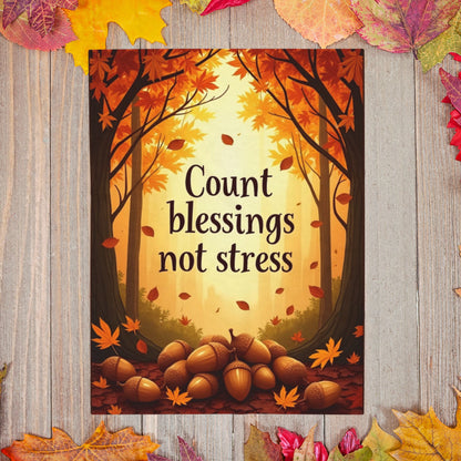 Autumn blanket with “Count Blessings, Not Stress,” gratitude-inspired mindfulness design for Thanksgiving.