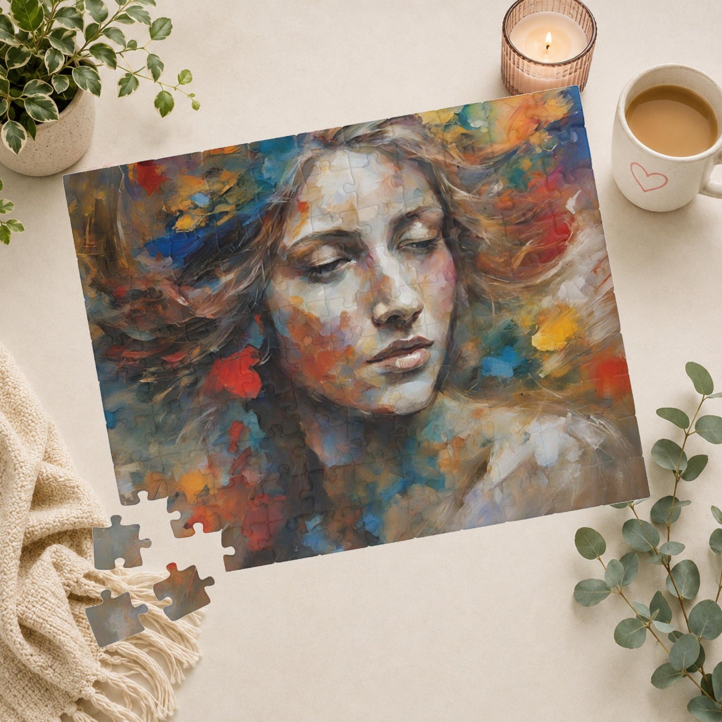 Express Emotions - Impressionist Woman's Portrait Puzzle with Colorful Paint Blooms in Flowing Hair