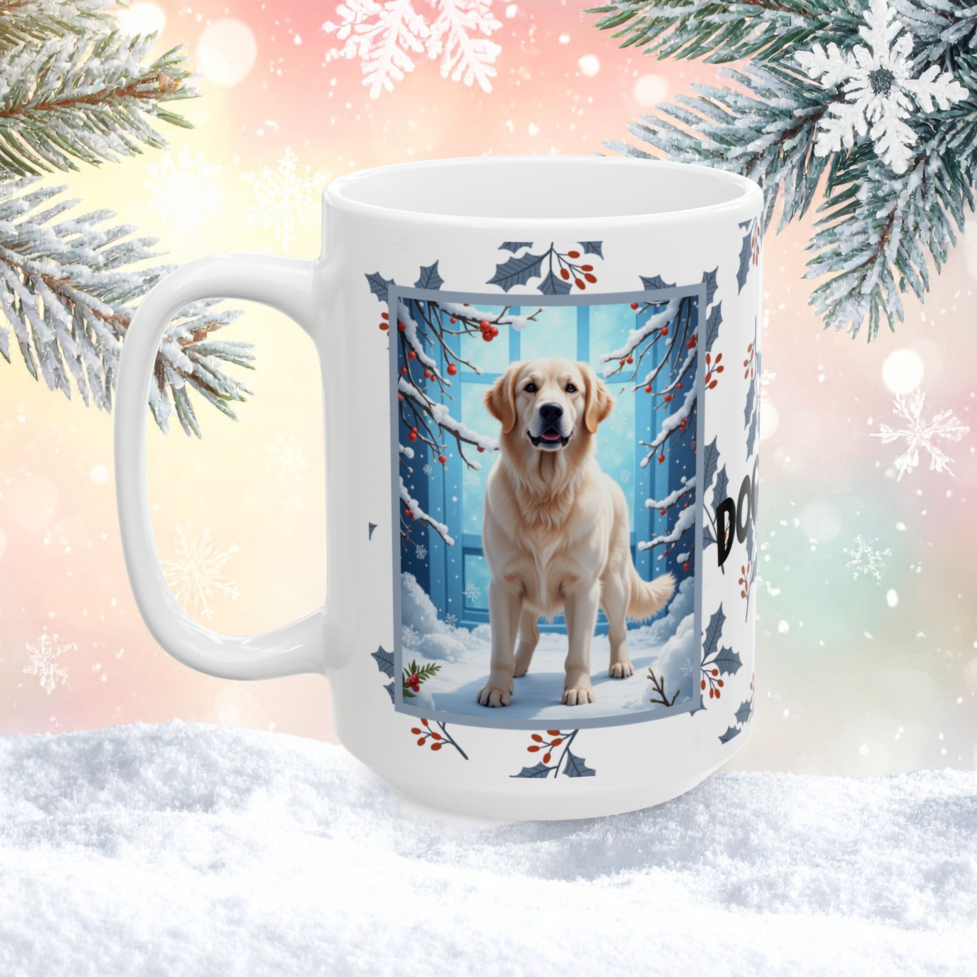 Golden Retriever (White) Winter Mug - white Golden Retriever artwork standing in a peaceful winter scene with snow