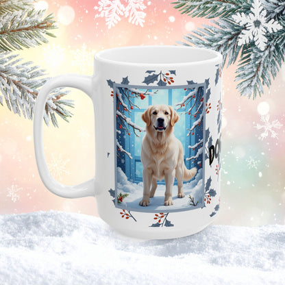 Golden Retriever (White) Winter Mug - white Golden Retriever artwork standing in a peaceful winter scene with snow