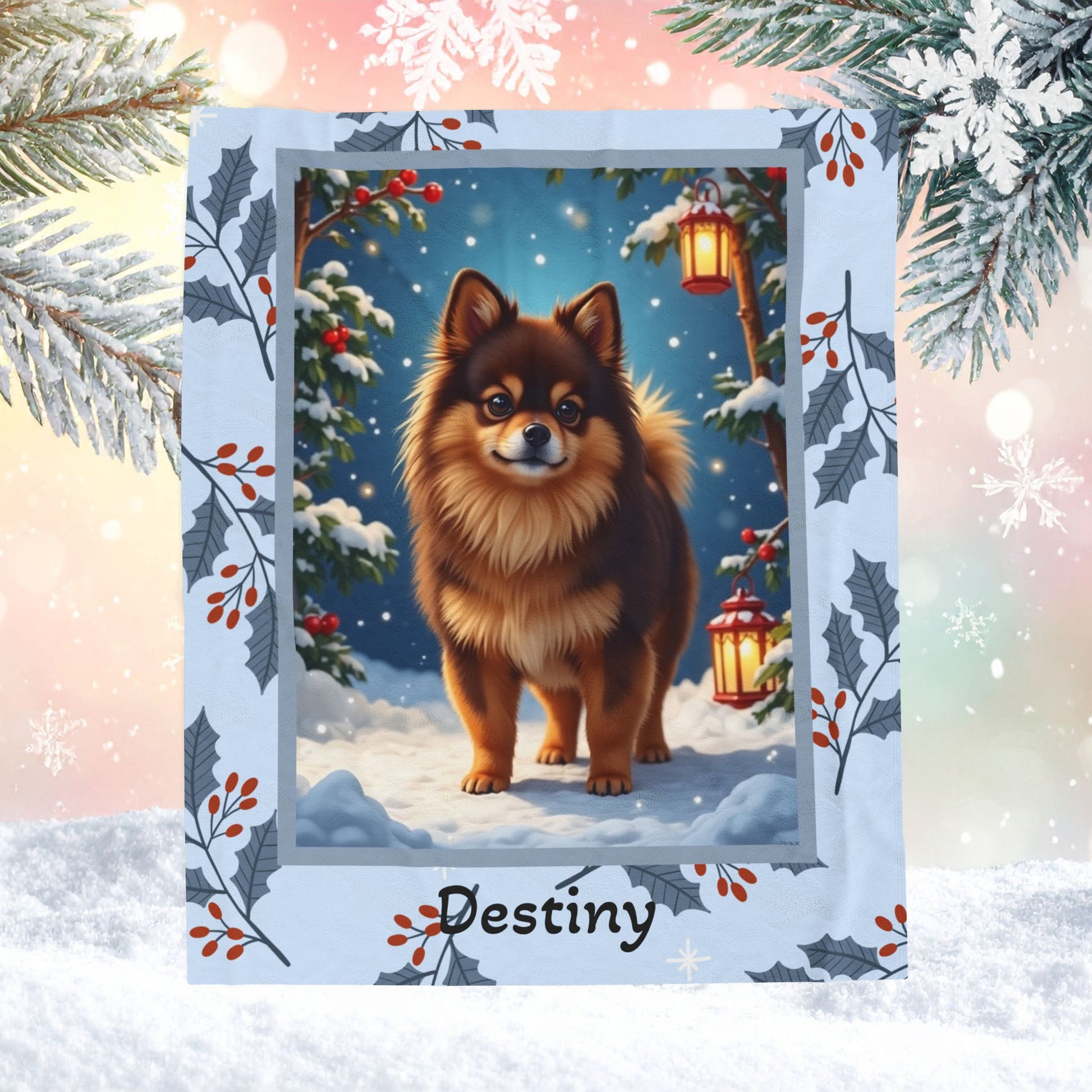 Pomeranian Chocolate and Tan personalized winter throw with fluffy Pom art in a glowing snowy lodge background