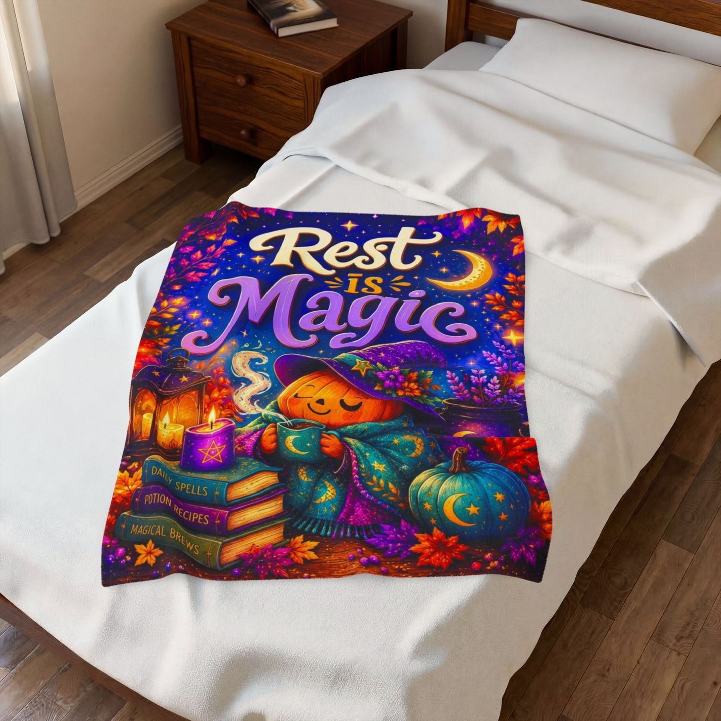 Rest Is Magic Velveteen Blanket - Sleepy Pumpkin Witch with Daily Spells Books and Moon Candle