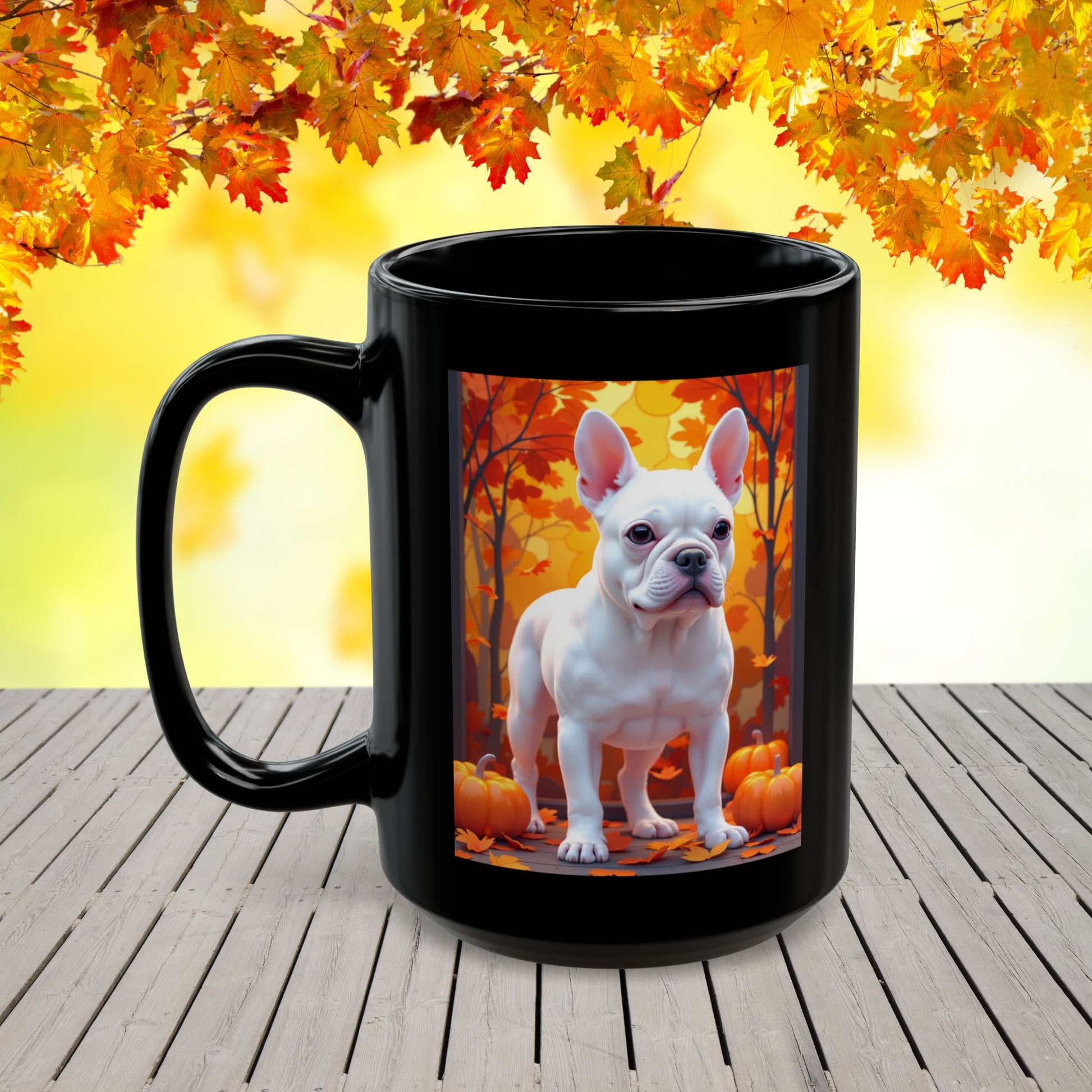 White French Bulldog Autumn Black Mug - Cozy fall dog breed coffee cup gift