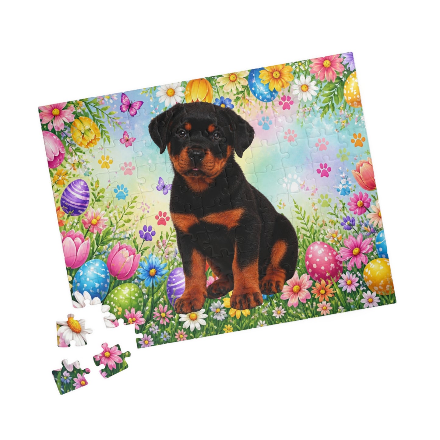 Rottweiler (Black & Rust) Easter Puppy Puzzle - Spring Garden with Eggs, Tulips, and Daisies