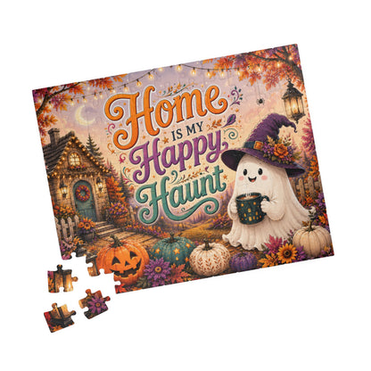 Home Is My Happy Haunt Halloween Puzzle - Witch Hat Ghost with Haunted House Mug and Fall Cottage