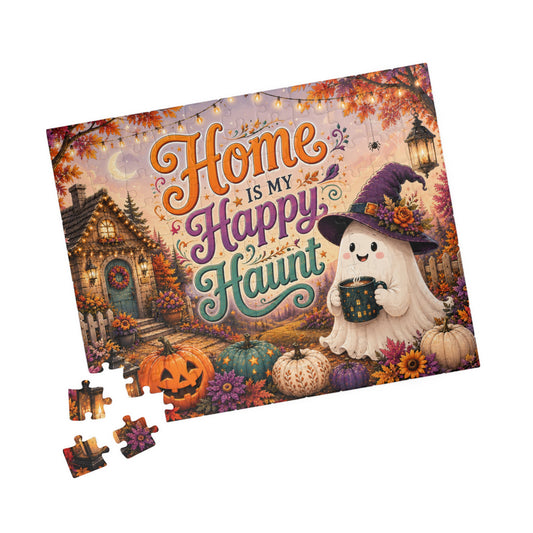 Home Is My Happy Haunt Halloween Puzzle - Witch Hat Ghost with Haunted House Mug and Fall Cottage