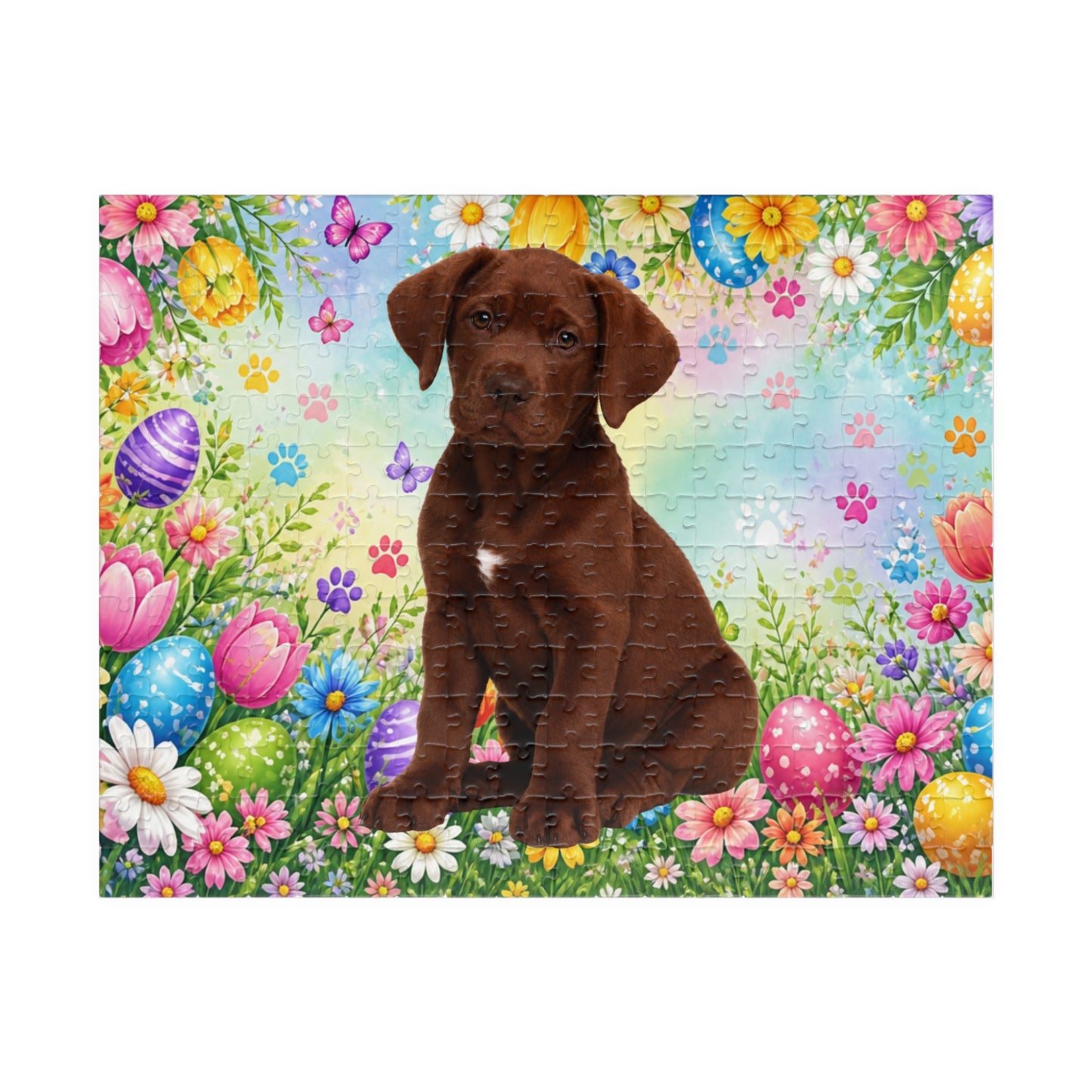 Great Dane (Chocolate) Easter Puppy Puzzle - Spring Garden with Eggs, Tulips, and Daisies