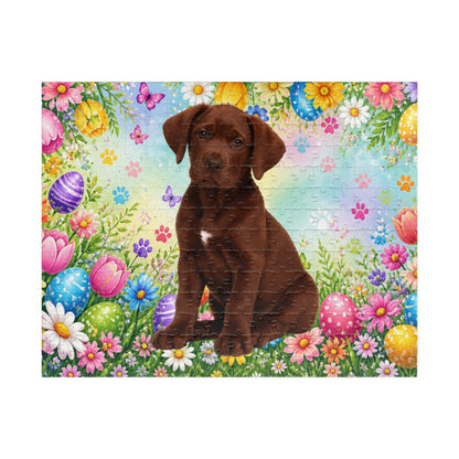 Great Dane (Chocolate) Easter Puppy Puzzle - Spring Garden with Eggs, Tulips, and Daisies