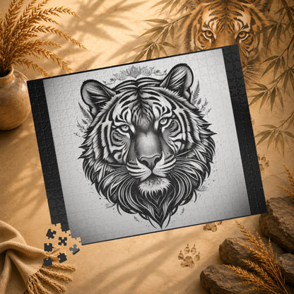 Jigsaw puzzle with a tiger design on a white background