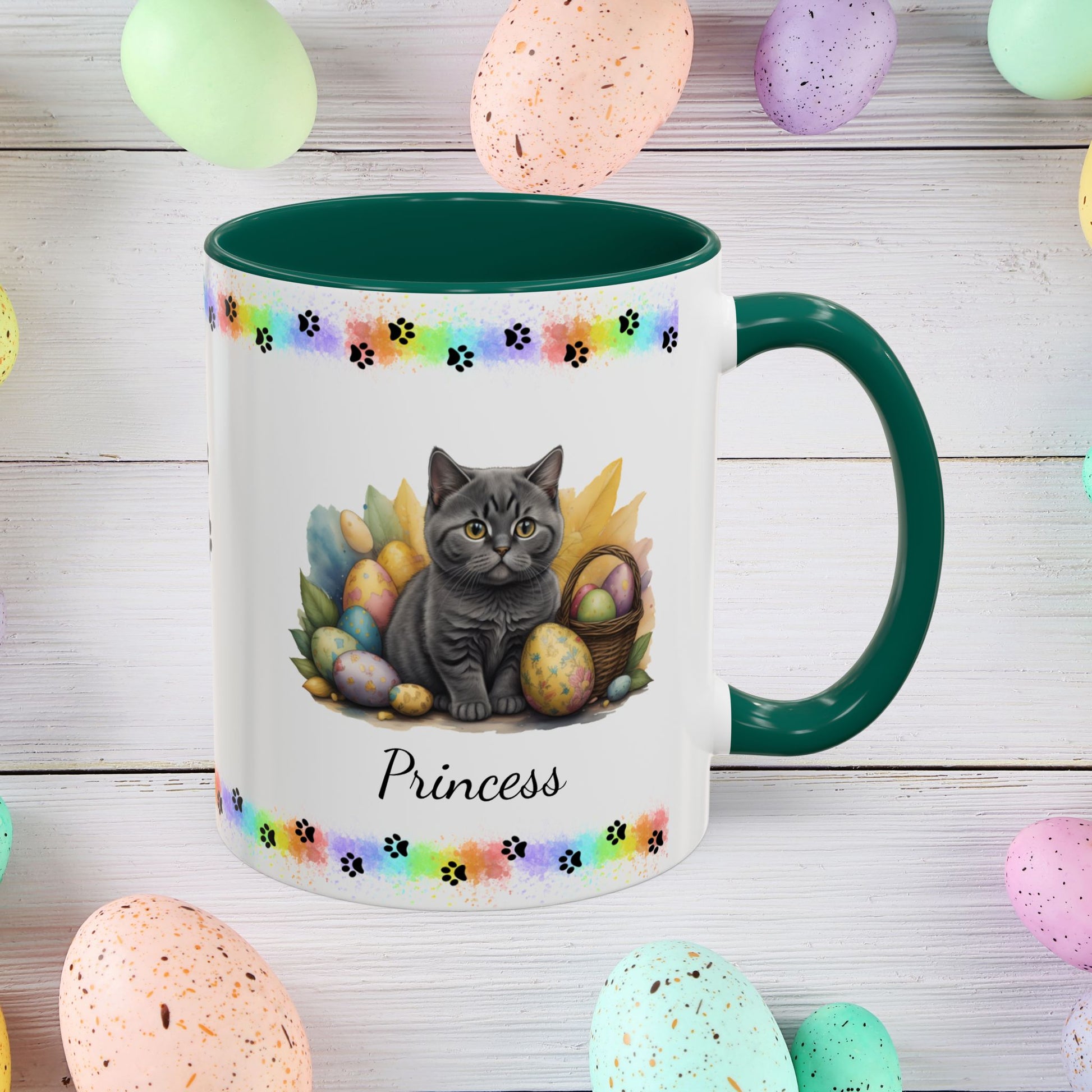 British Shorthair: Personalized Easter Kitten Coffee Mug - Adorable Cat Design, Mental Health Gift, 11oz & 15oz, 12 Color Choices, Easter Gifts & Décor