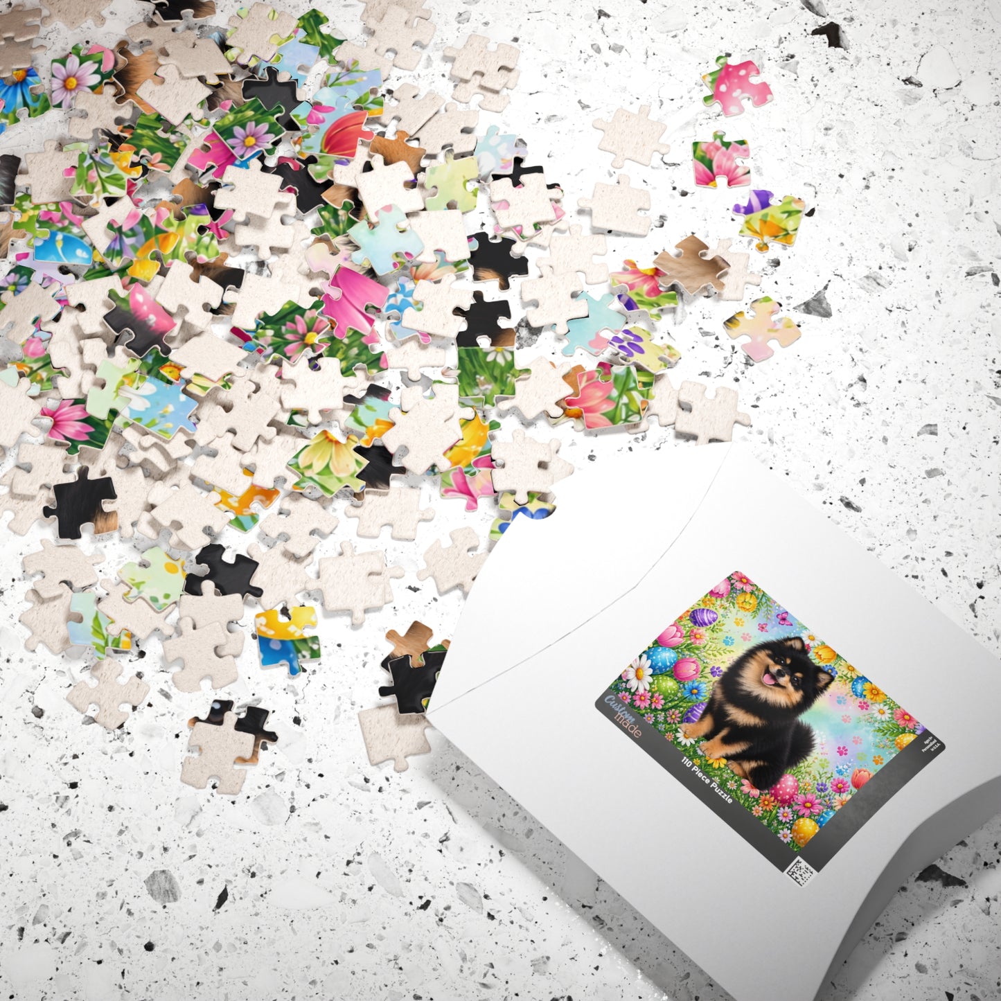 Pomeranian (Black & Tan) Easter Puppy Puzzle - Spring Garden with Eggs, Tulips, and Daisies