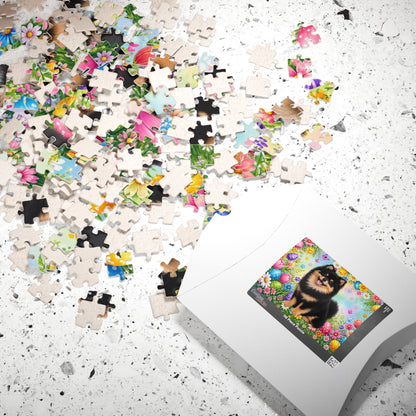 Pomeranian (Black & Tan) Easter Puppy Puzzle - Spring Garden with Eggs, Tulips, and Daisies