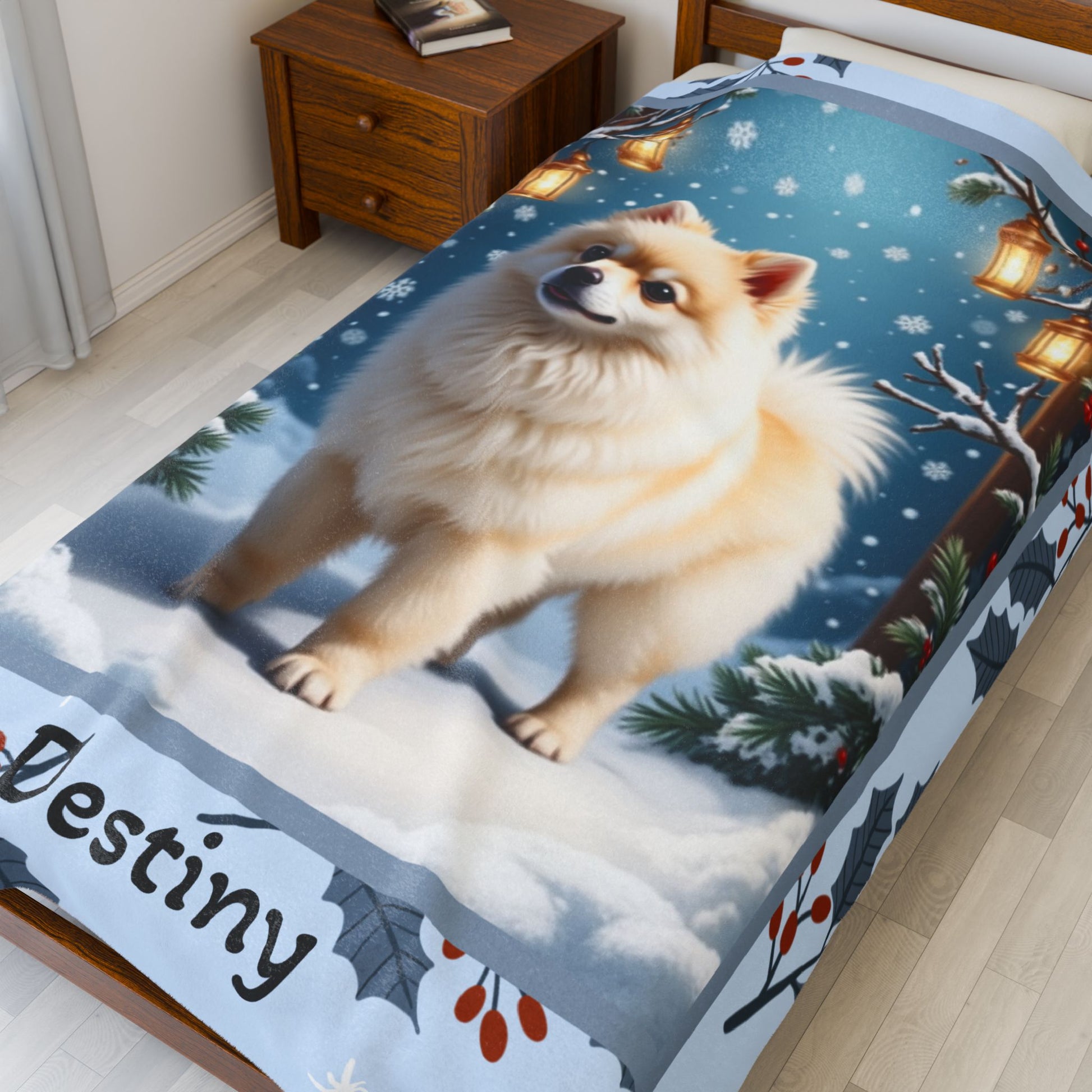 Pomeranian White and Cream personalized winter throw featuring a fluffy Pom in a glowing lodge winter scene