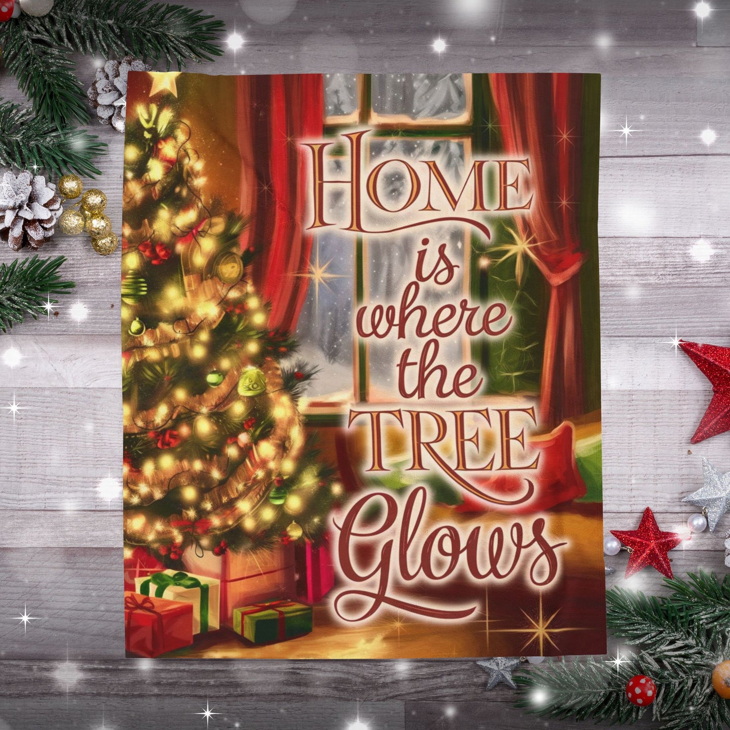 Christmas blanket “Home Is Where the Tree Glows” cozy festive throw with glowing winter design