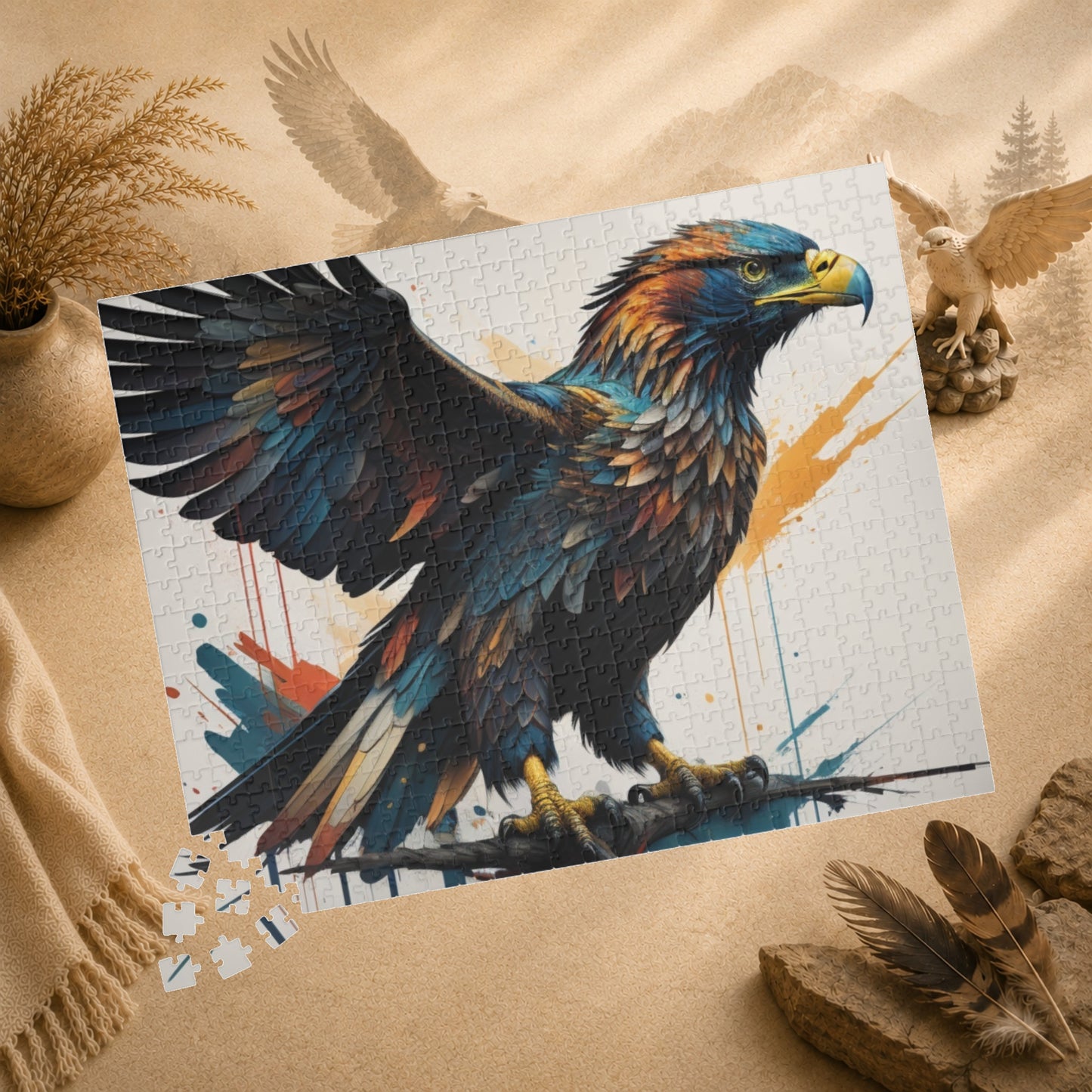 Soaring Eagle Triumph - Full-Body Graffiti Eagle Puzzle with Iridescent Teal Feathers and Paint Splatters