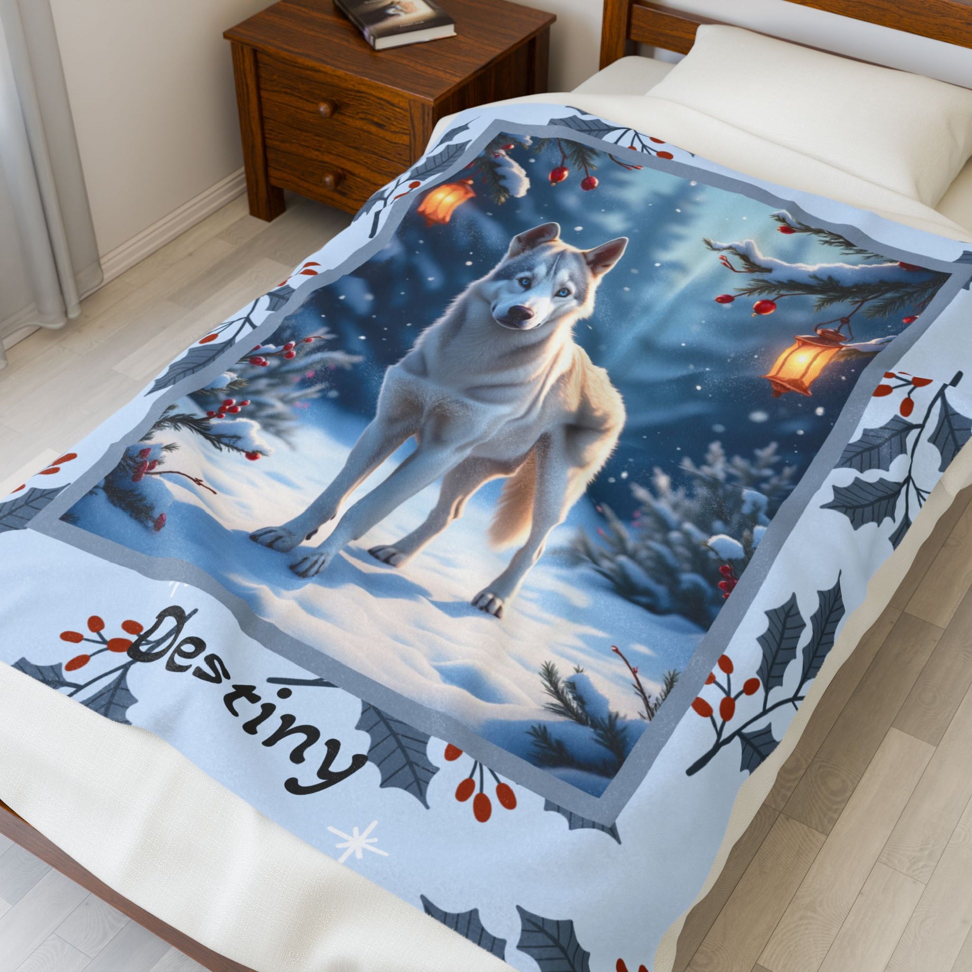 Husky Silver personalized winter throw with silver Husky artwork and glowing snowy lodge décor