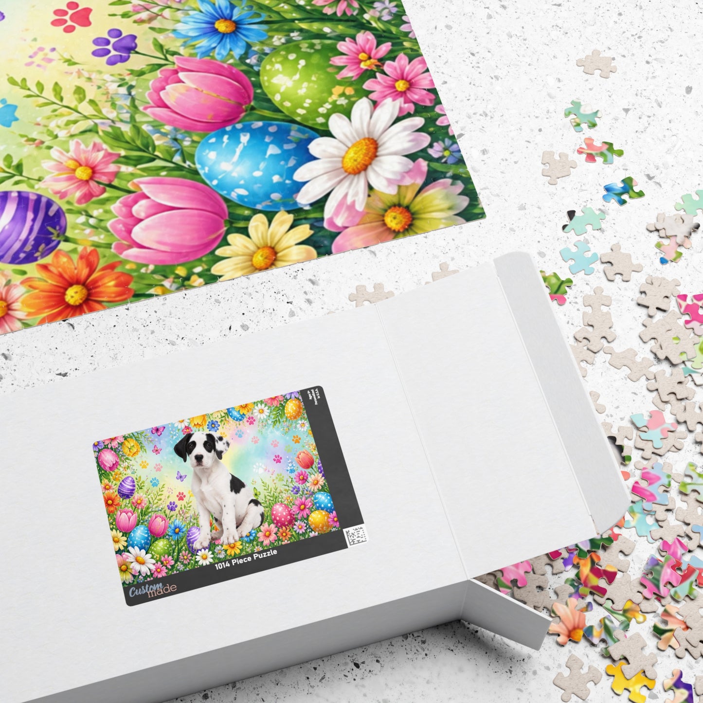 Great Dane (Piebald) Easter Puppy Puzzle - Spring Garden with Eggs, Tulips, and Daisies