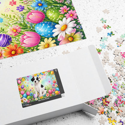 Great Dane (Piebald) Easter Puppy Puzzle - Spring Garden with Eggs, Tulips, and Daisies