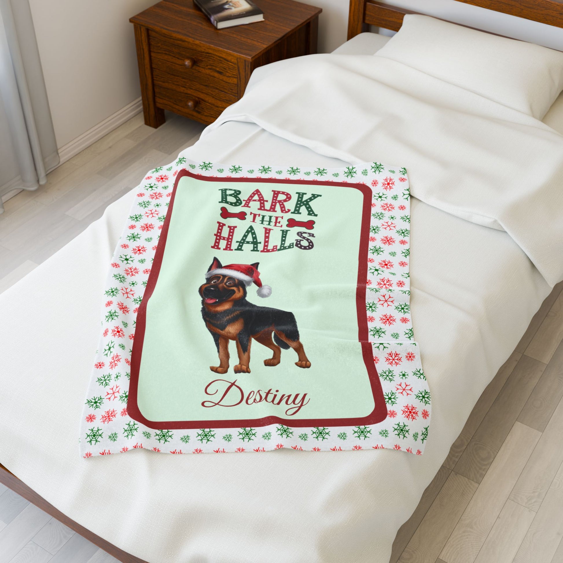 German Shepherd (Black & Rust) Plush Velveteen Blanket - Festive Bark The Halls dog throw, custom gift