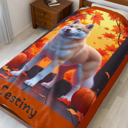 Light Red Husky amber eyes velveteen plush blanket, personalized dog throw for Husky parents - MySisterIsASurvivor