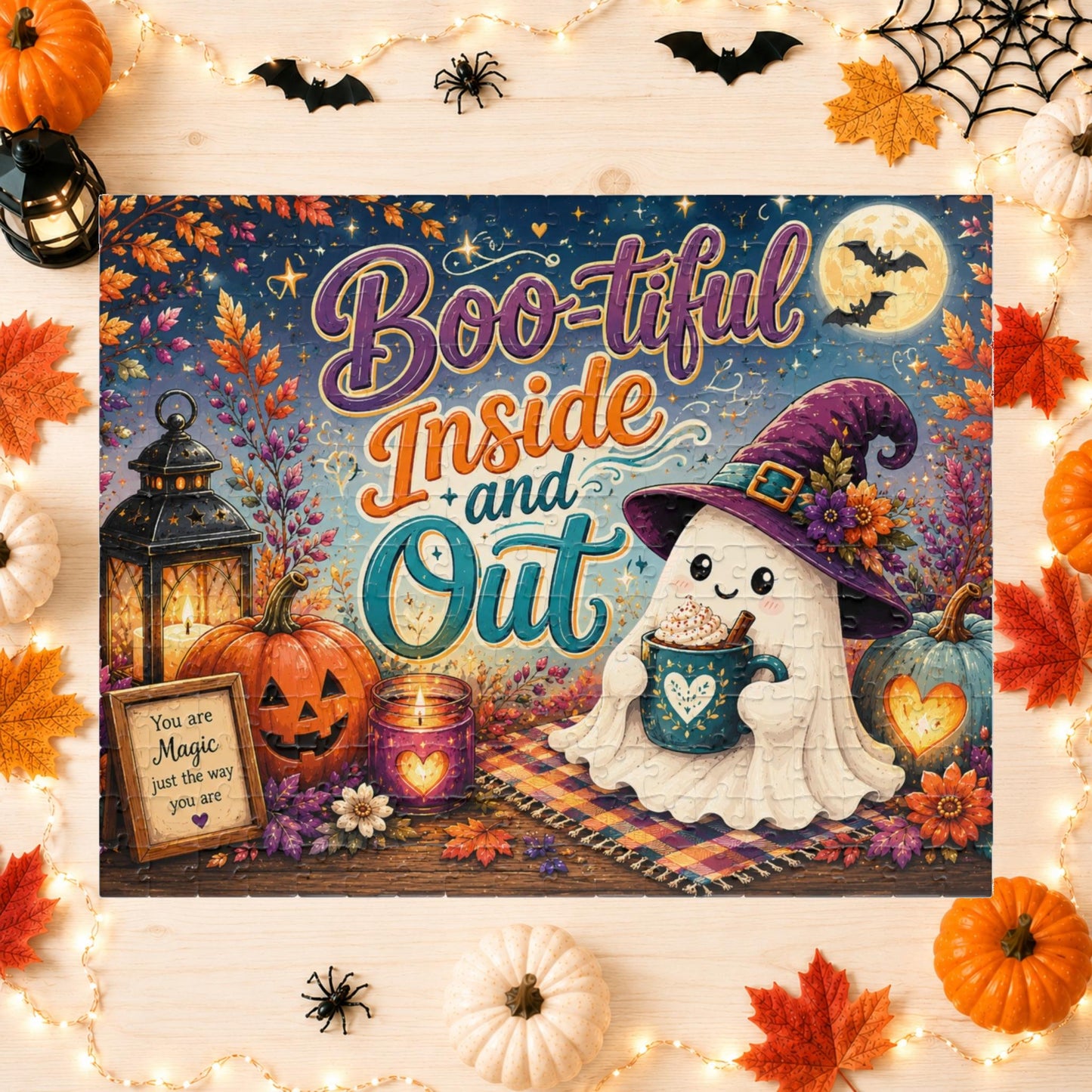 Boo-tiful Inside and Out Halloween Puzzle - Ghost with Heart Mug, Lantern, and You Are Magic Sign