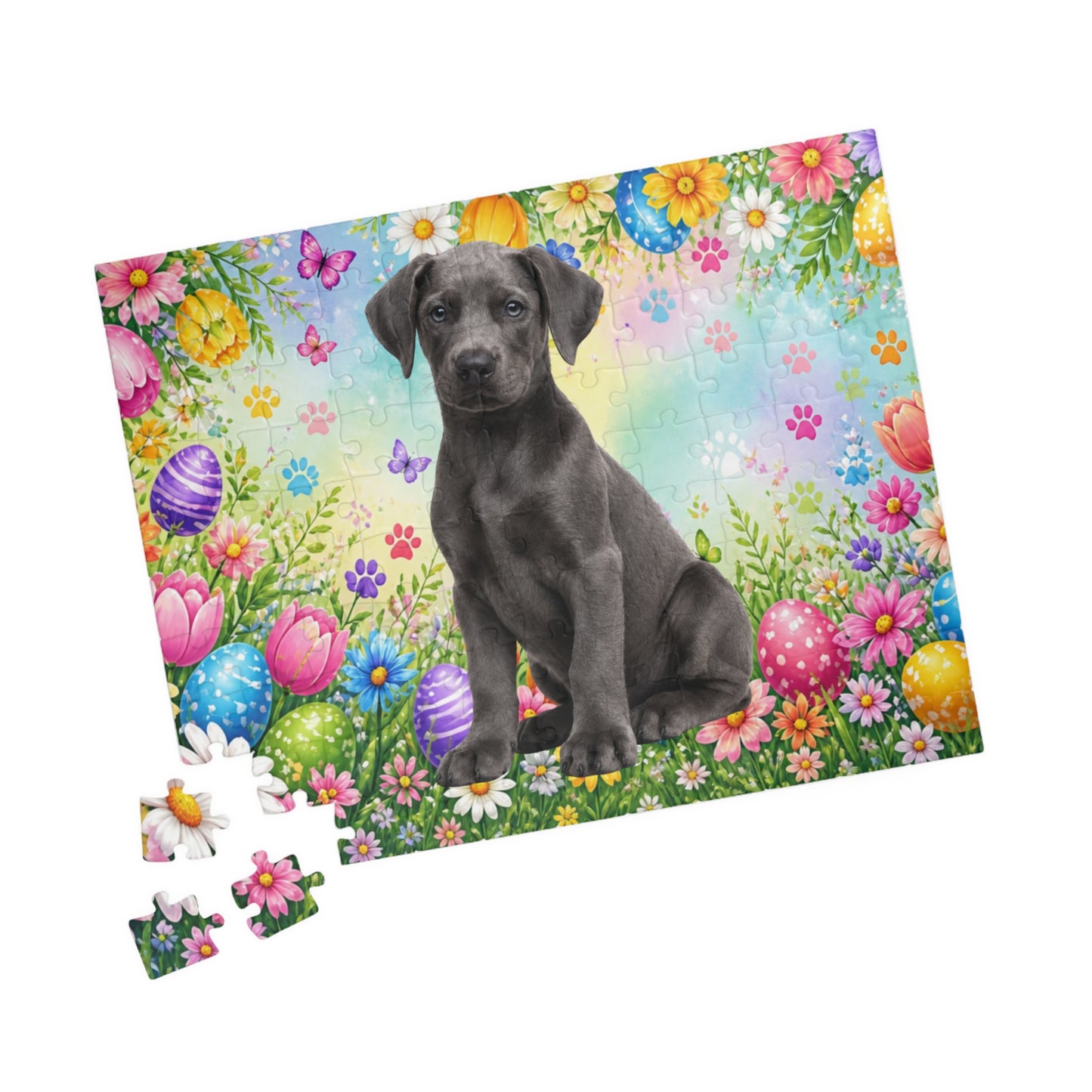 Doberman (Blue) Easter Puppy Puzzle - Colorful Spring Garden with Eggs and Blooms