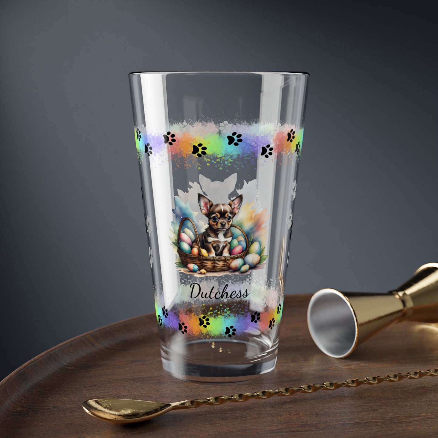 Chihuahua (Black Tri) Personalized Easter Puppy 16oz Pint Glass - Custom Dog Design, Mental Health Gift, Easter Décor, and Festive Celebrations