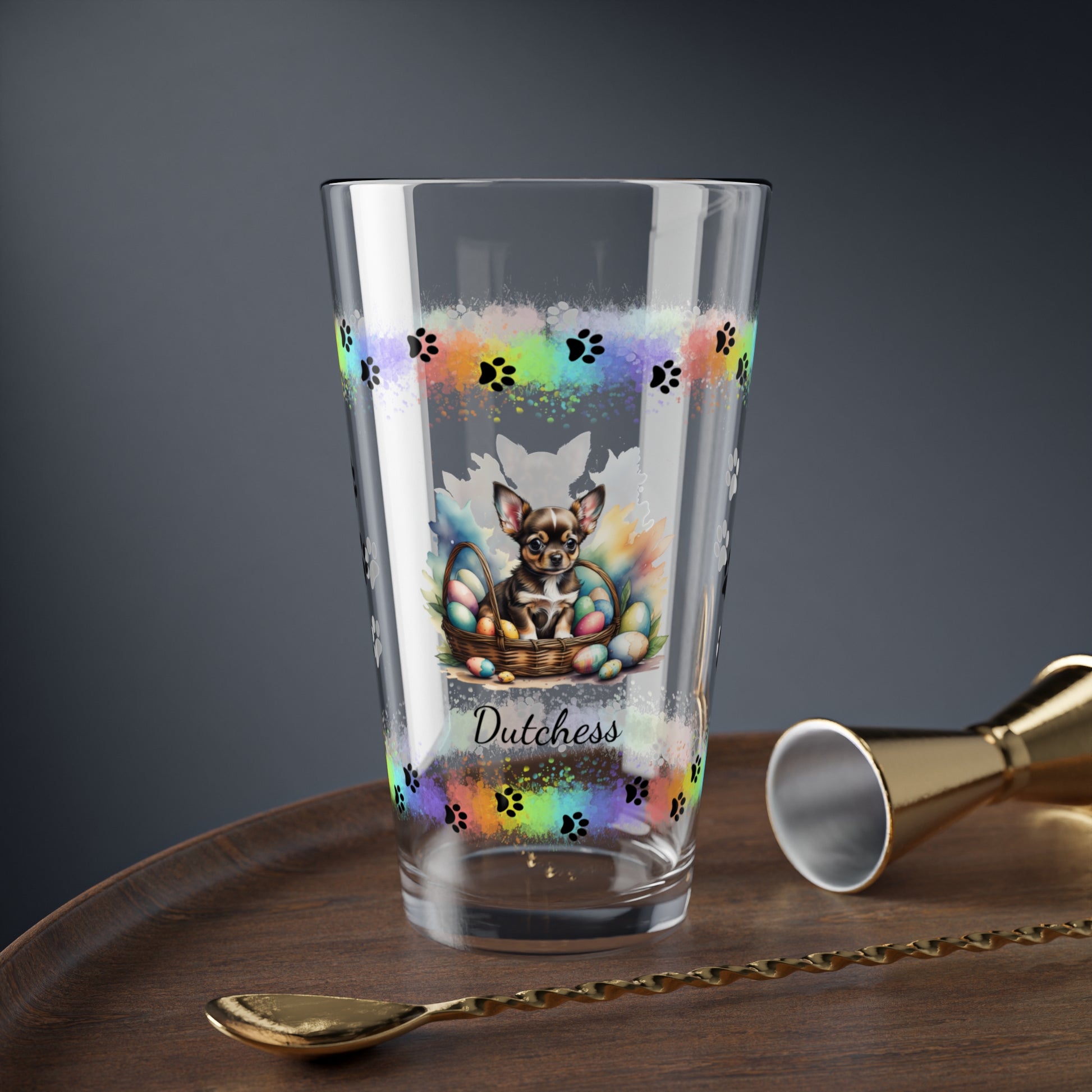 Chihuahua (Black Tri) Personalized Easter Puppy 16oz Pint Glass - Custom Dog Design, Mental Health Gift, Easter Décor, and Festive Celebrations