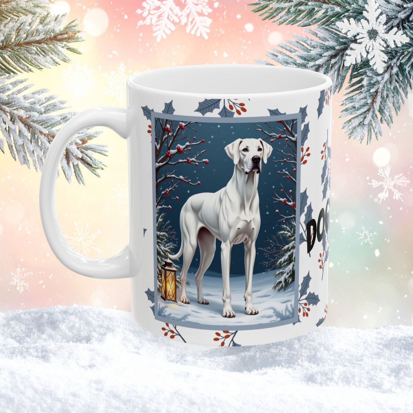 Great Dane (White) Winter Mug - white Great Dane illustrated standing in a bright winter setting with snow-covered ground
