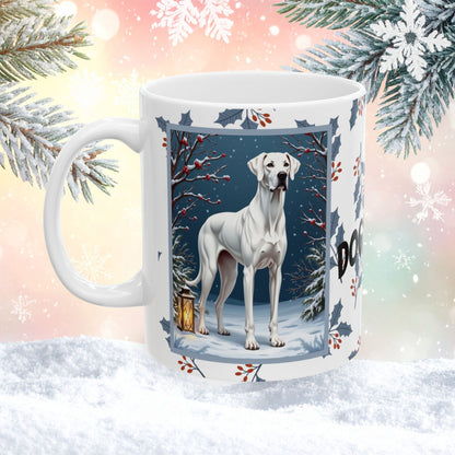 Great Dane (White) Winter Mug - white Great Dane illustrated standing in a bright winter setting with snow-covered ground
