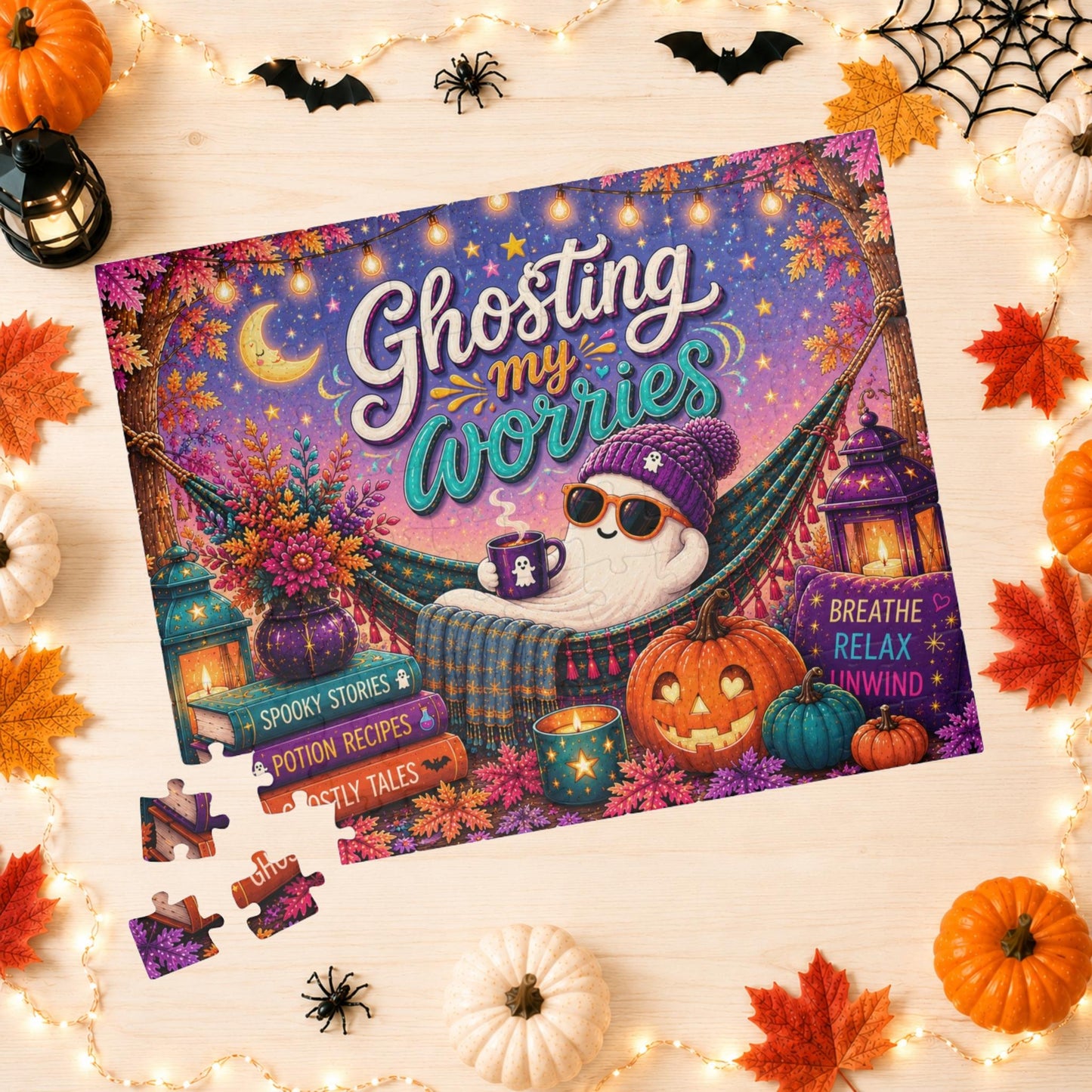 Ghosting My Worries Halloween Puzzle - Unbothered Ghost in Hammock with Breathe Relax Unwind Pillow