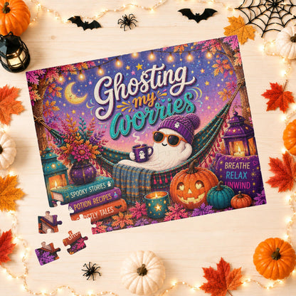 Ghosting My Worries Halloween Puzzle - Unbothered Ghost in Hammock with Breathe Relax Unwind Pillow