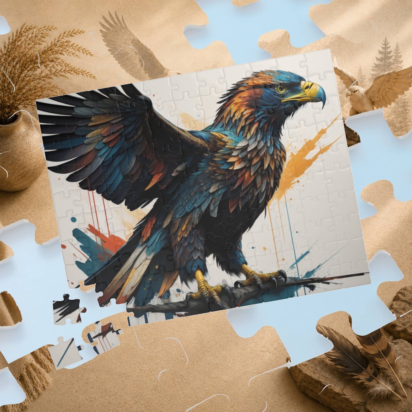 Soaring Eagle Triumph - Full-Body Graffiti Eagle Puzzle with Iridescent Teal Feathers and Paint Splatters