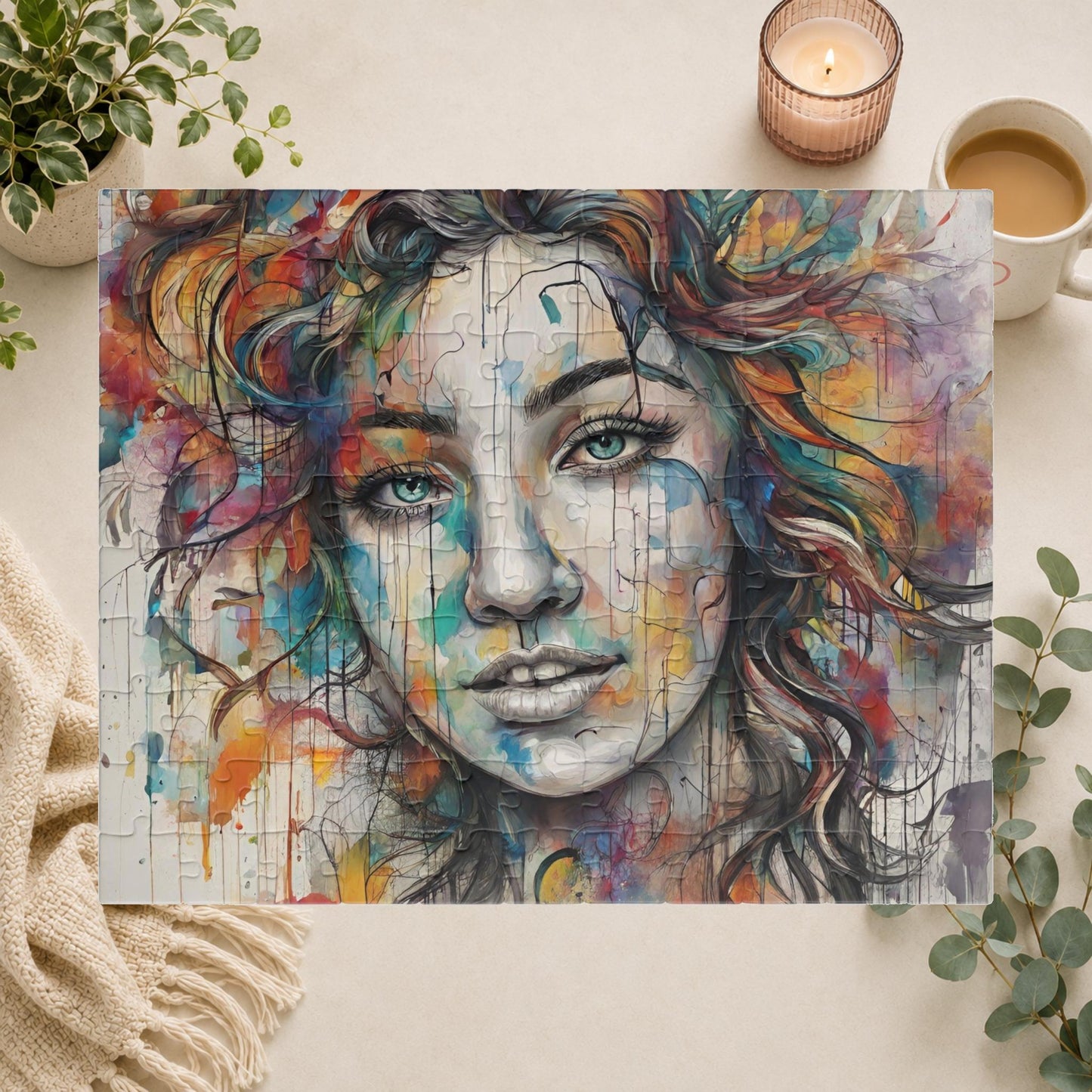 Pathway to Resilience - Sketch and Watercolor Woman's Portrait Puzzle with Ink Drips and Curly Hair