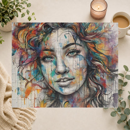 Pathway to Resilience - Sketch and Watercolor Woman's Portrait Puzzle with Ink Drips and Curly Hair
