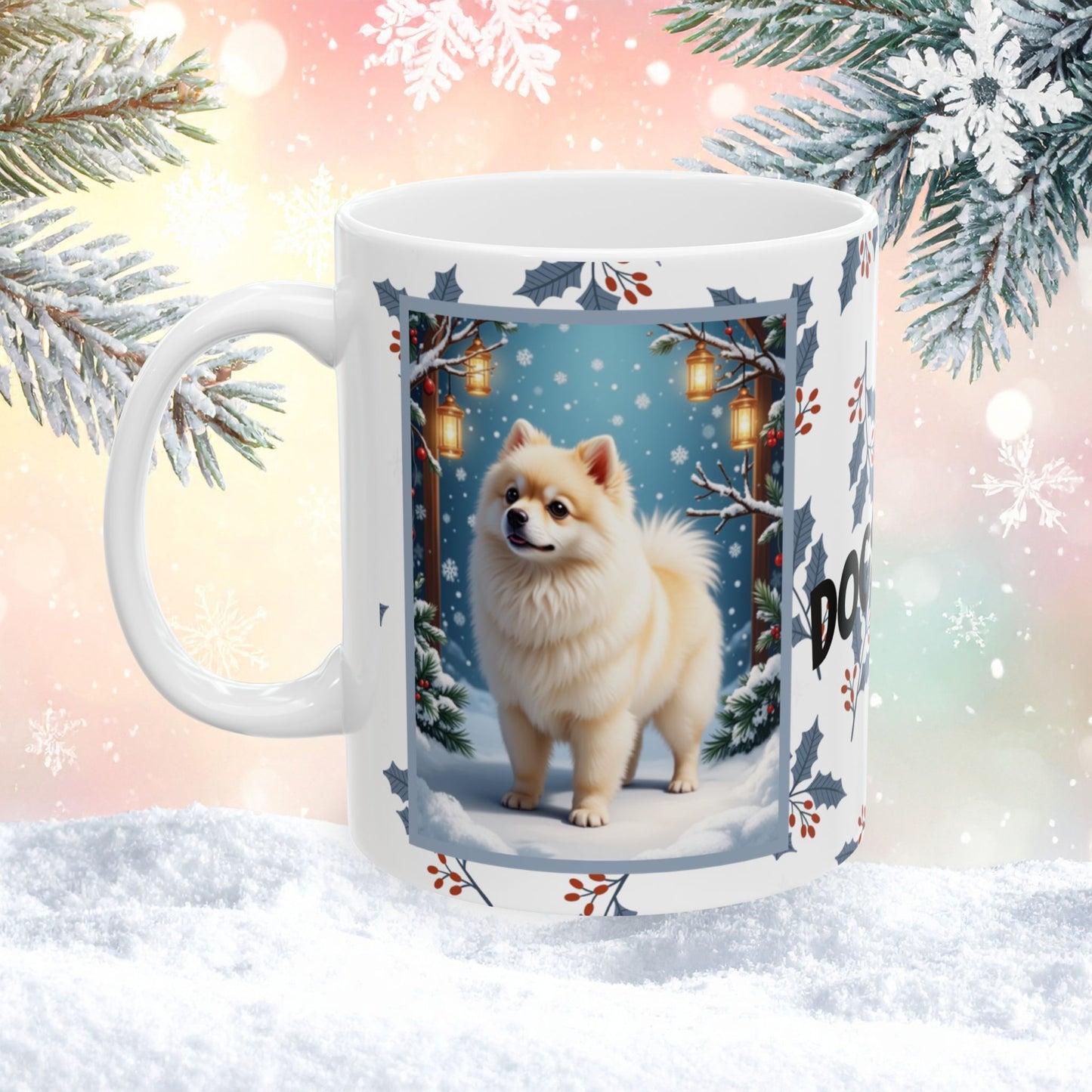 Pomeranian (White & Cream) Winter Mug - white and cream pomeranian artwork standing in a snowy winter setting