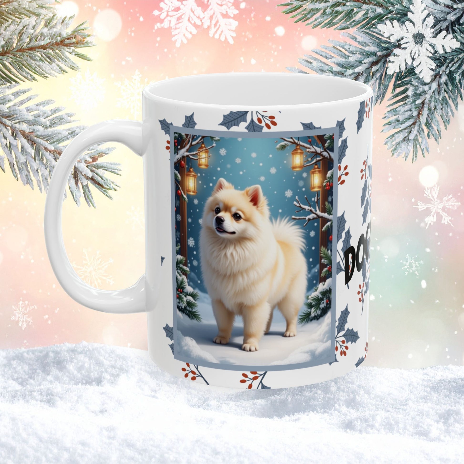 Pomeranian (White & Cream) Winter Mug - white and cream pomeranian artwork standing in a snowy winter setting