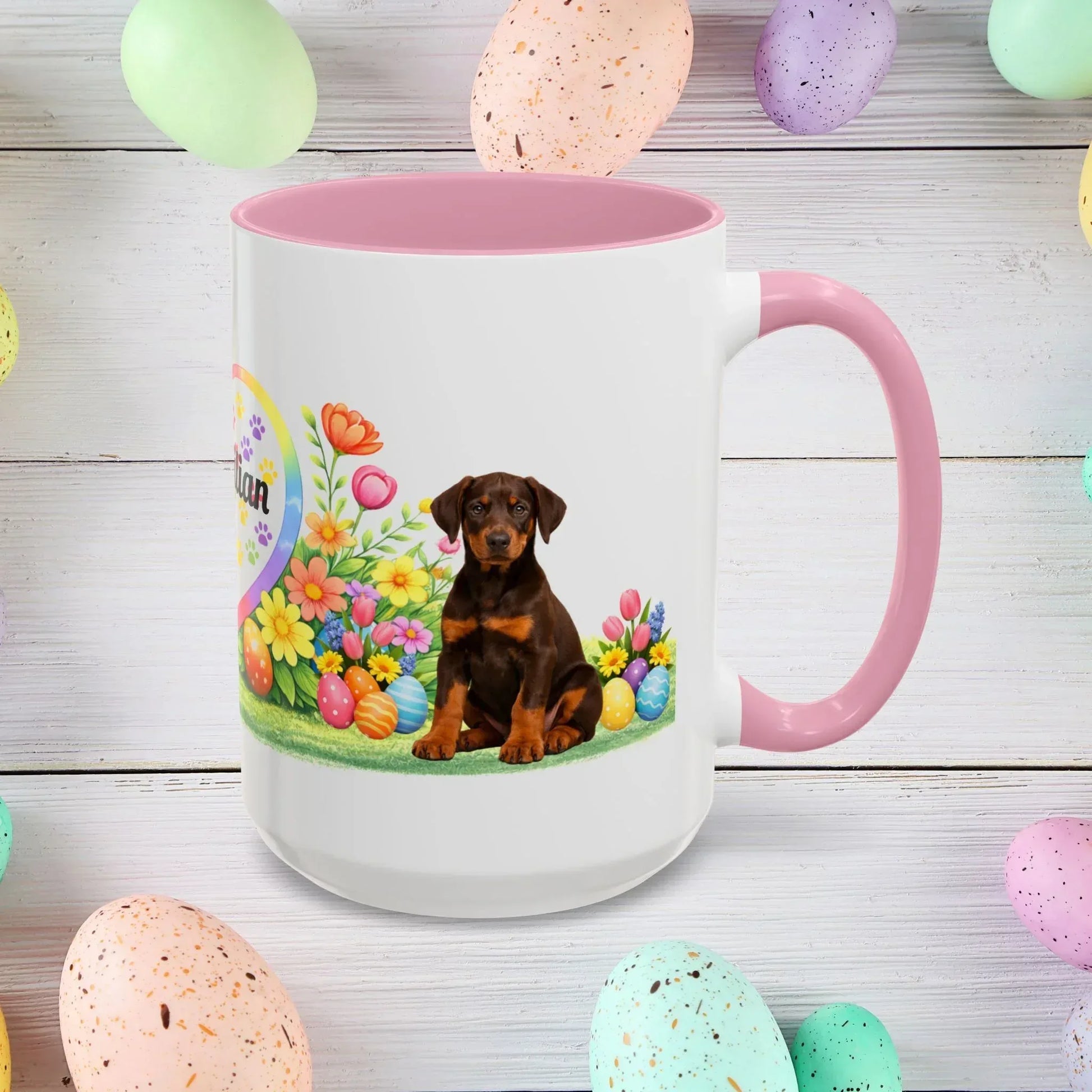 Shop our doberman red rust puppy easter mug featuring the 15oz style option from MySisterIsASurvivor.