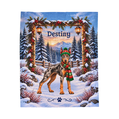 Doberman (Merle Coat) - Personalized Winter Blanket, Lantern-Lit Woodland Velveteen Throw