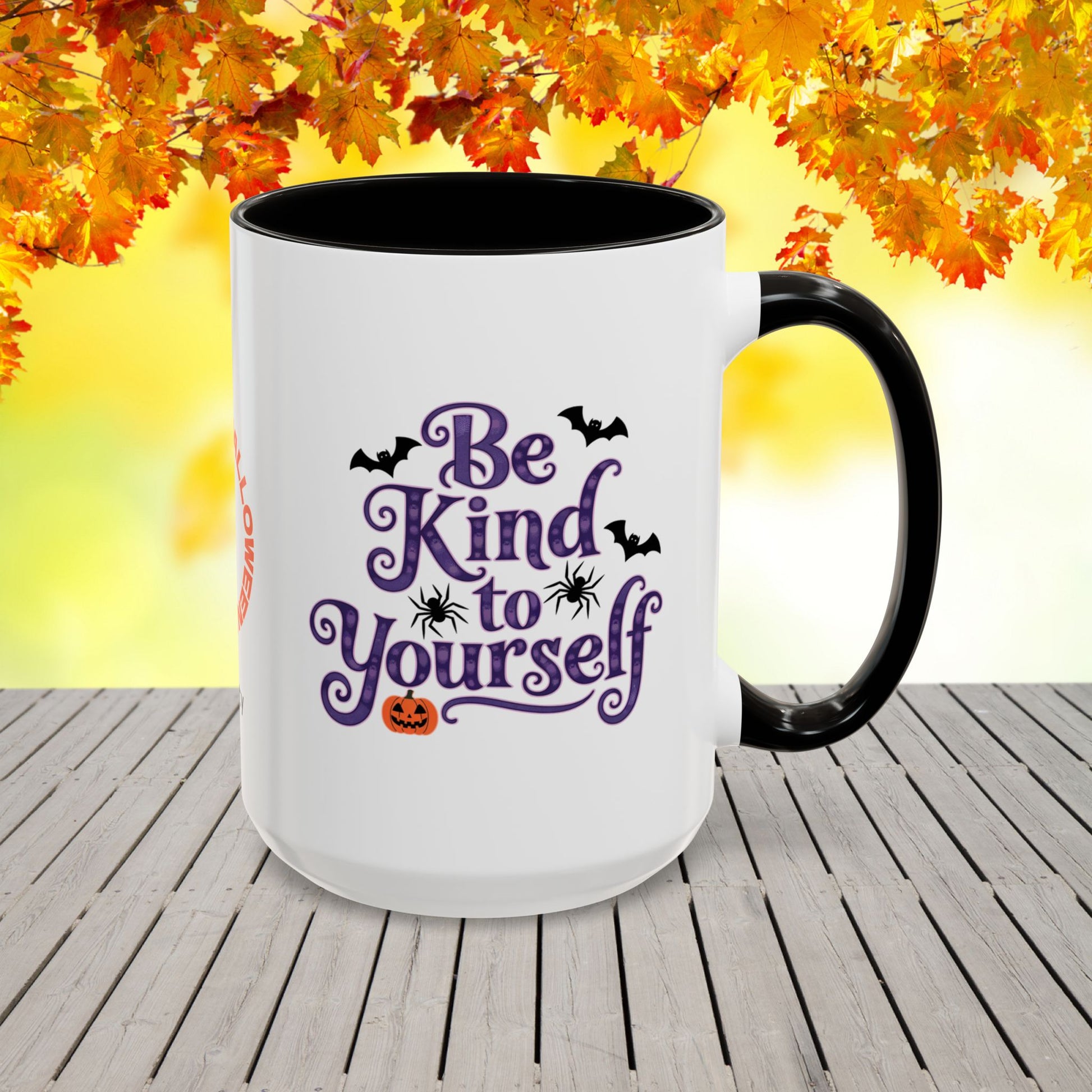 Be Kind To Yourself Halloween Mug -custom name coffee cup with uplifting fall message